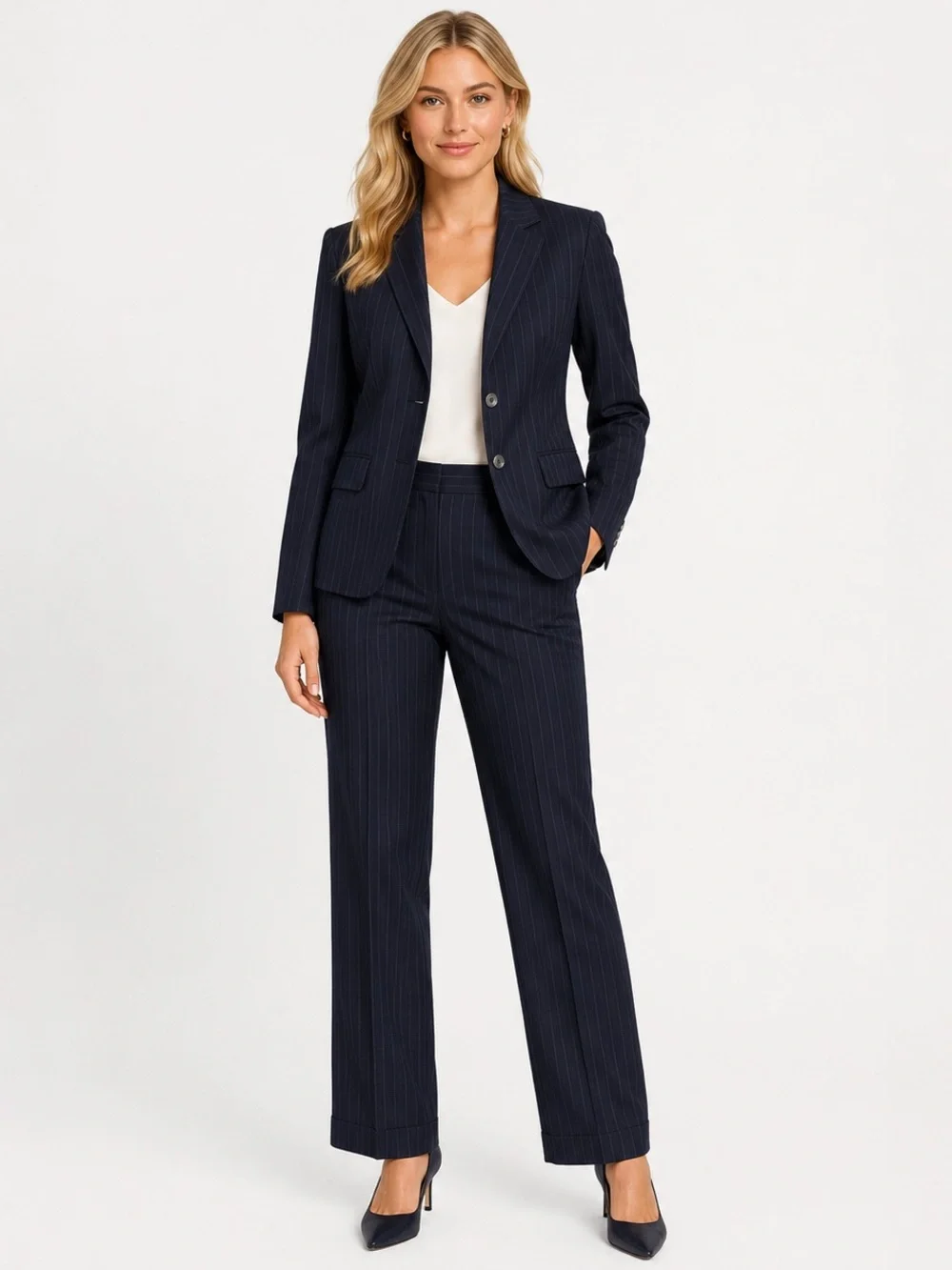 Brooks Brothers Women’s Navy Pinstripe Wool Pantsuit Blazer & Trousers Size 4